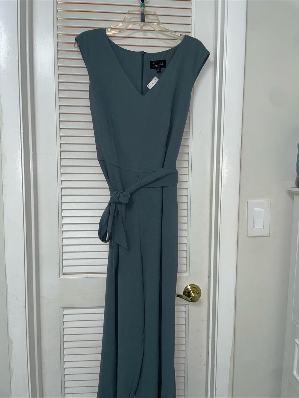 Crescent Slate-Teal V-Neck Belted jumpsuit